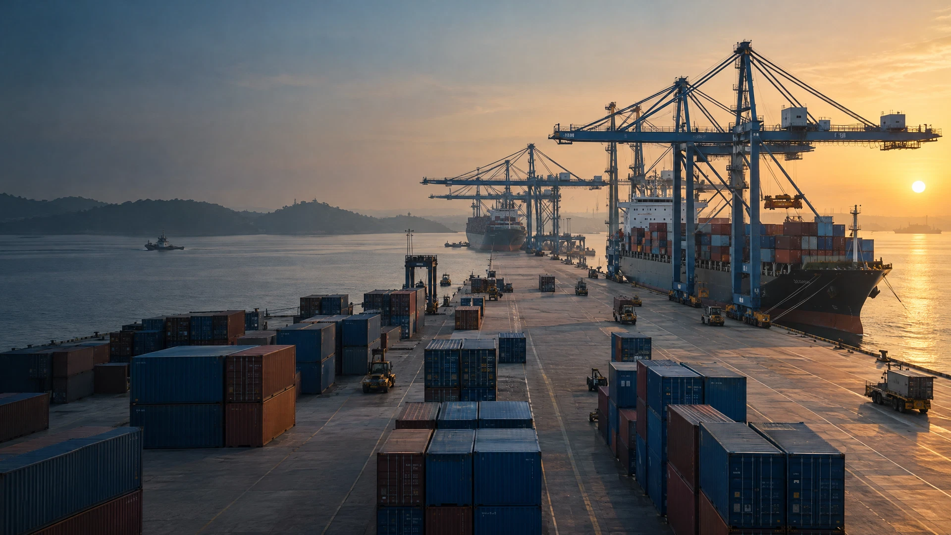 Cargo terminal cranes, containers and a vessel at a coastal port.