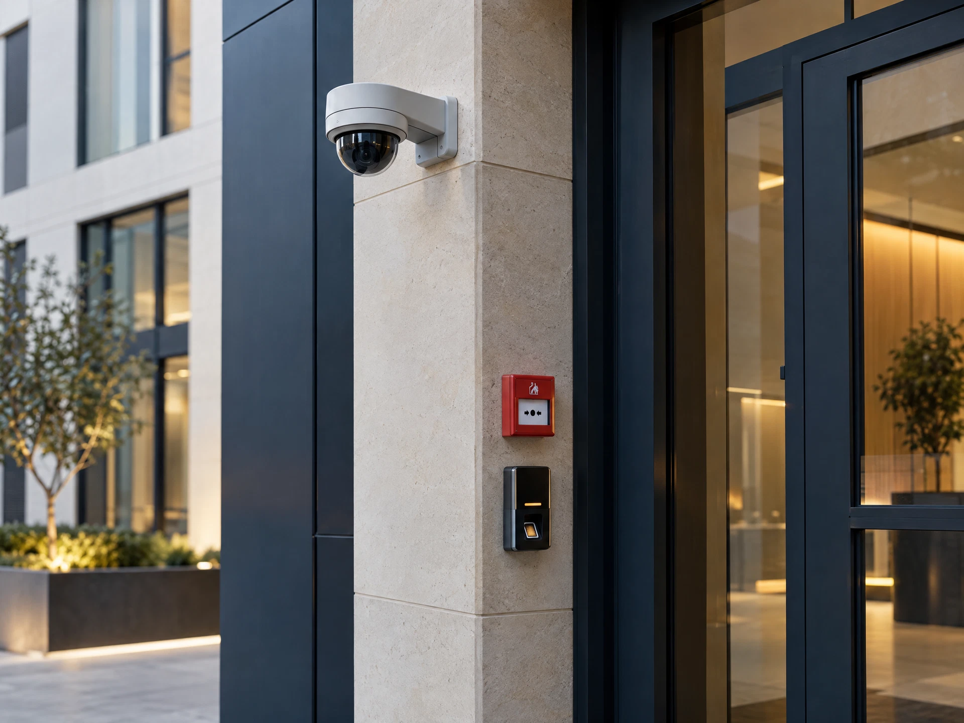 A commercial entrance fitted with CCTV, fire alarm and access-control equipment.